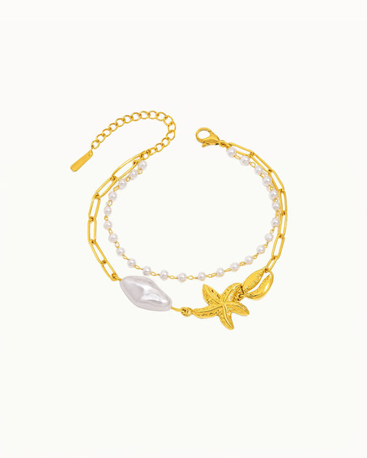 Goldenes Doppelarmband mit Perle, Seestern und Muschel - Busra